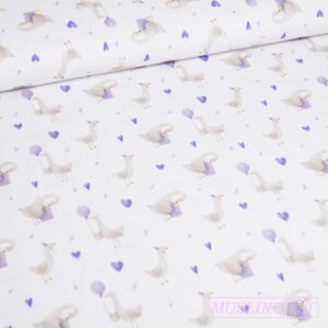 Bomuldsjersey – Lilla hjerter og fugle