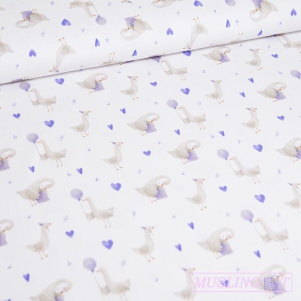 Bomuldsjersey – Lilla hjerter og fugle