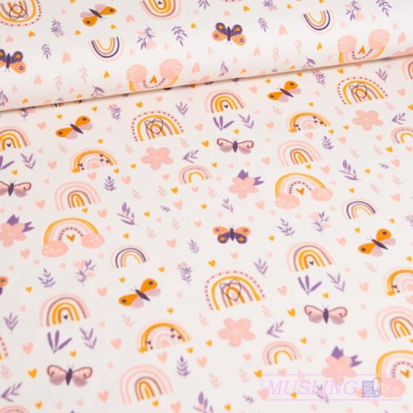 Restestykke - Bomuldsjersey Sommerfugle og regnbuer længde 150cm