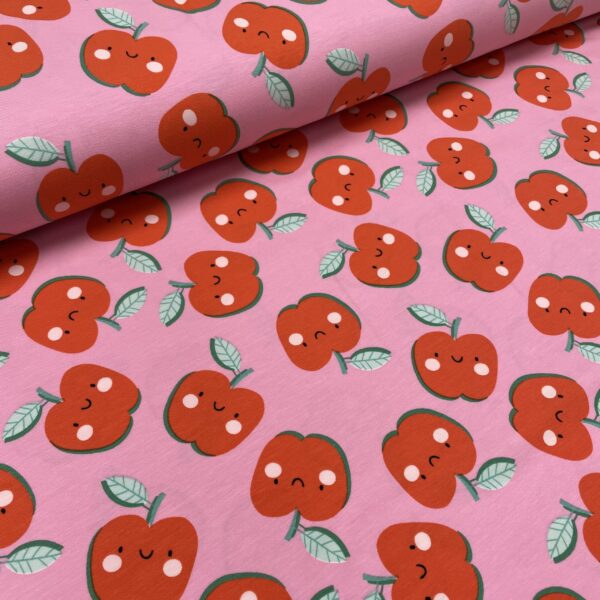 Bomuldsjersey – Æbler pink baggrund