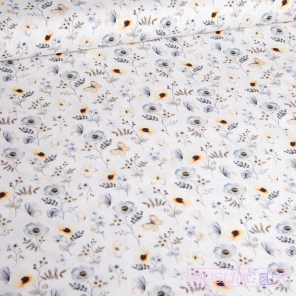 Poplin - Blomster og sommerfugle Poplin - Små blomster og sommerfugle