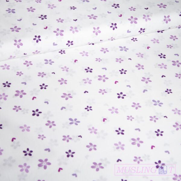 Poplin - Lilla blomster og hjerter