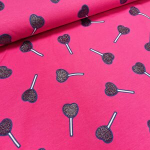 Bomuldsjersey – Lyserøde slikkepinde med glitter